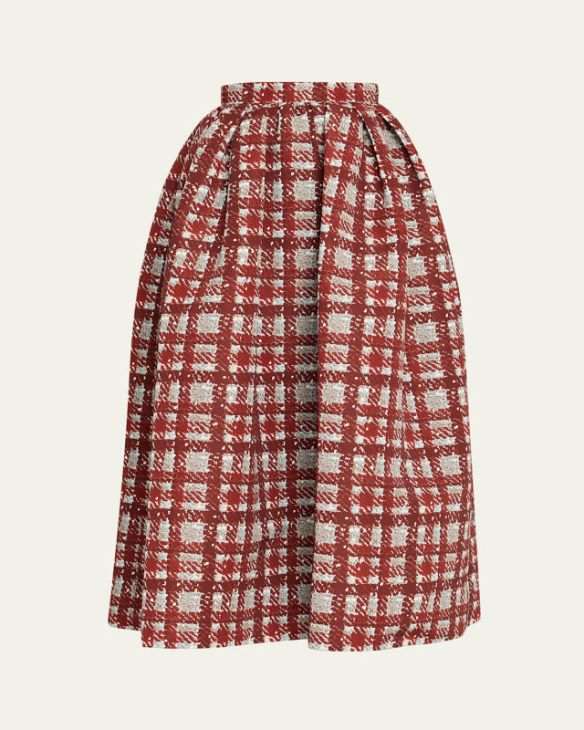 Textured Plaid-Print Pleated Midi Circle Skirt